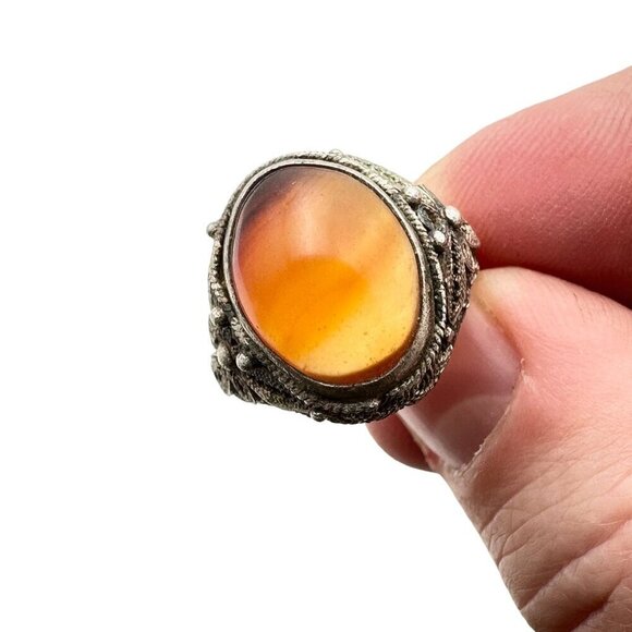 Vintage Chinese Export Carnelian Sterling Silver Filigree Adjust Ring Set at 6.5 - Picture 6 of 7